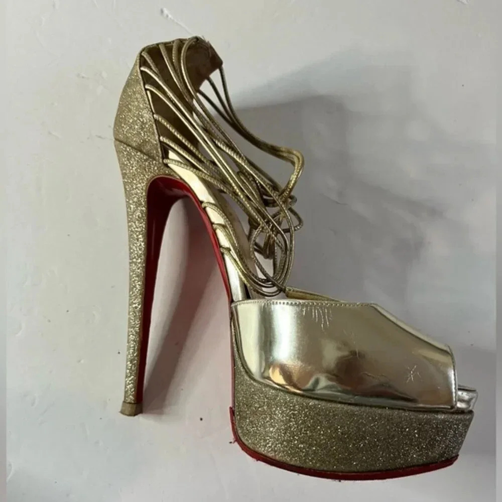 Christian Louboutin Lady Peep Gold Glitter Platform Heels Women’s EU 36 - Picture 6 of 15